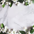 spring flowers frame with white marble background and marble texture copy space concept