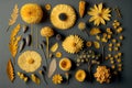 Flowers composition. Yellow flowers, leaves on grey background. Flat lay, top view, copy space