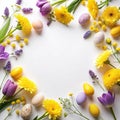 Flowers composition. Yellow and purple flowers on white background. Spring, easter concept. Flat lay, top view, copy space Royalty Free Stock Photo