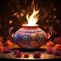 flowers in a crafted pottery container that is lit, in the style of fantasy illustration, colorful explosions, indian scenes Royalty Free Stock Photo