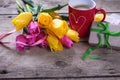 Flowers, cup of coffee and present Royalty Free Stock Photo
