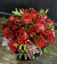 Flowers cute bouquet with roses and alstroemerias pink white green, wooden box