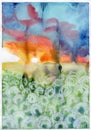 Dandelions field sunset landscape watercolor illustration Royalty Free Stock Photo