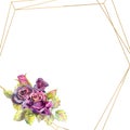 Flowers of dark roses, green leaves, composition in a geometric Golden frame . The concept of the wedding flowers. Flower poster,