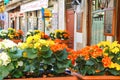 Flowers decorate the outdoor cafe on the market in Venice, Italy