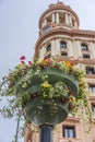 Flowers decorating Callao Square and blurry Vitalicio Building tower in the background