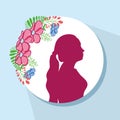 Flowers decoration and fucsia woman silhouette