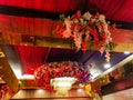 Flowers decoration inside indian wedding banquet hall during evening time in Delhi India