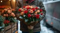 Flowers delivery concept. Man holding bouquets of roses and putting them in the delivery minibus backside , generated AI