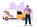 Flowers delivery service. Delivery man holding flowers bouquet. Courier truck with advertising design. Flat style vector