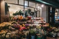 Flowers on display in front of a florist shop in Primrose Hill, London, UK, at night