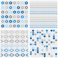 Flowers dots diamonds and hearts blue seamless pattern set Royalty Free Stock Photo