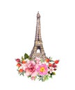 Flowers and Eiffel tower Paris, France . Watercolor illustration