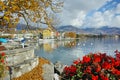 Flowers in embankment of town of Vevey and Lake Geneva, Switzerland Royalty Free Stock Photo
