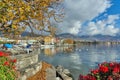 Flowers in embankment of town of Vevey and Lake Geneva, Switzerland Royalty Free Stock Photo