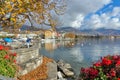 Flowers in embankment of town of Vevey and Lake Geneva, Switzerland Royalty Free Stock Photo