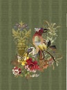 Flowers embroidery bird baroque gold texture green