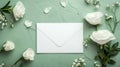 Flowers and envelope on green background. Invitation mockup, postcard from a white sheet of paper, an empty envelope and Royalty Free Stock Photo