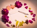 Flowers, envelope and pen on a red Royalty Free Stock Photo