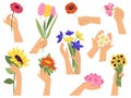 Flowers in female hands. Hand holding bouquets, spring summer garden flower. Botanical collection, women gift and