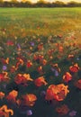 Vertical oil painting landscape red flowers wildflowers in green grass field, forest and beautiful sky at sunset illustration natu Royalty Free Stock Photo