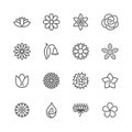 Flowers flat line icons. Beautiful garden plants - chamomile, sunflower, rose flower, lotus, carnation, dandelion