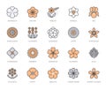 Flowers flat line icons. Garden plants - sunflower, poppy, cherry, gardenia, lavender, gerbera, plumeria, hydrangea