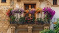 Flowers in Flower pot hanging on on traditional Balcony Fence, Spring Beautiful Balcony Flowers on Sunset