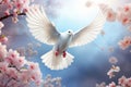 Flowers and flying white dove. Peace symbol background. Generative AI Royalty Free Stock Photo