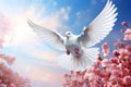 Flowers and flying white dove. Peace symbol background. Generative AI Royalty Free Stock Photo