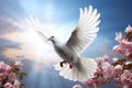 Flowers and flying white dove. Peace symbol background. Generative AI Royalty Free Stock Photo