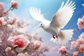 Flowers and flying white dove. Peace symbol background. Generative AI Royalty Free Stock Photo