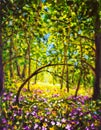 Flowers in forest. Summer sunny day in green forest. Beautiful magic forest