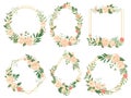 Flowers frame. Flower border frames, round bloom and decorative wedding floral square card vector illustration set