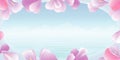 Flowers frame. Pink petals against background of turquoise sea. View from the window. Vector Royalty Free Stock Photo