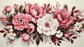 Flowers frame with pink and white peonies and green. Generative AI. Royalty Free Stock Photo