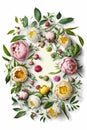 Flowers frame with pink and white peonies and green leaves, generative AI