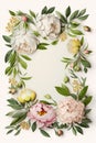 Flowers frame with pink and white peonies and green leaves, generative AI