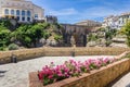 Flowers in front of the historic Puente Nuevo bridge in Ronda