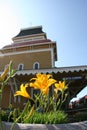 Flowers in front of a train station in North Conway, New Hampshire