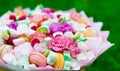 Flowers, fruit bouquet, pink carnation, marshmallows, macaroons, nature Royalty Free Stock Photo