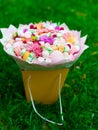Flowers, fruit bouquet, pink carnation, marshmallows, macaroons, nature Royalty Free Stock Photo