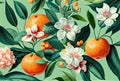 Flowers, fruits and leaves of mandarin, watercolor background. Generative AI