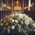 Flowers or funeral wreath lying on the coffin in the church, funeral theme. ai generative