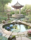 Flowers garden with a lotus pond and foot stone stage, gazebo, plant, wallpaper, watercolor