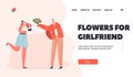 Flowers for Girlfriend Landing Page Template. Young Couple Dating. Cute Embarrassed Girl Receive Bouquet from Boyfriend