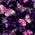 Flowers, glowing butterflies, hand written text note at black background. Watercolor. Seamless pattern