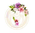 Flowers with golden esoteric circles. Watercolor for sacred magic, mysticism, yoga Royalty Free Stock Photo