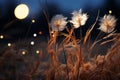 flowers in the grass at night with a full moon in the background