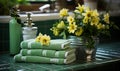 Flowers and green towels in bathroom. A stack of green towels sitting on top of a green counter Royalty Free Stock Photo